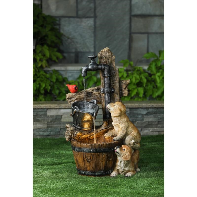 LuxenHome Resin Puppies and Water Pump Outdoor Patio Fountain