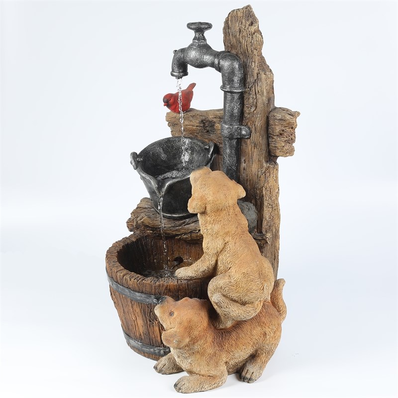 LuxenHome Resin Puppies and Water Pump Outdoor Patio Fountain