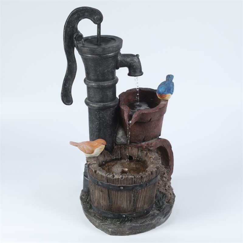 LuxenHome Resin Whiskey Barrel and Water Pump Patio Fountain