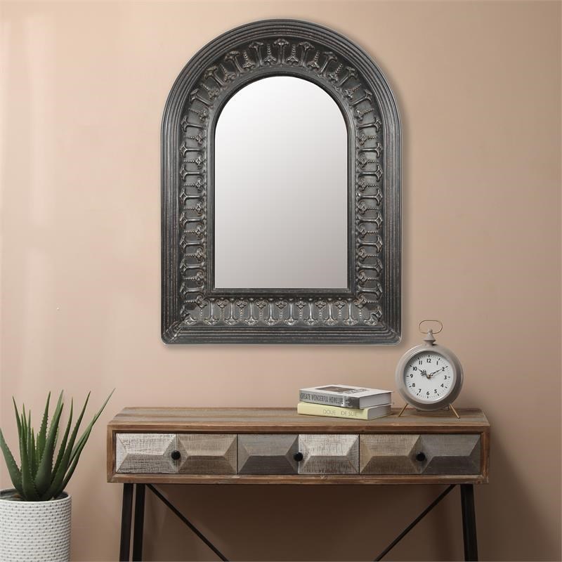 LuxenHome 47.8-Inch Rustic Dark Gray Metal Arched Wall Mirror