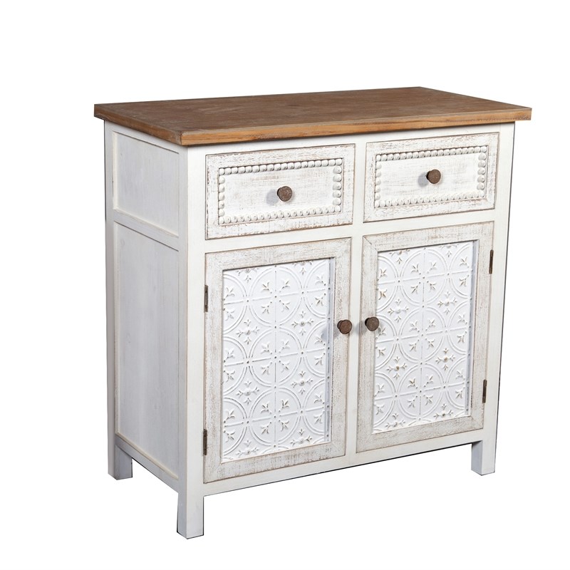 LuxenHome Distressed White Wood 2-Drawer 2-Door Storage Cabinet