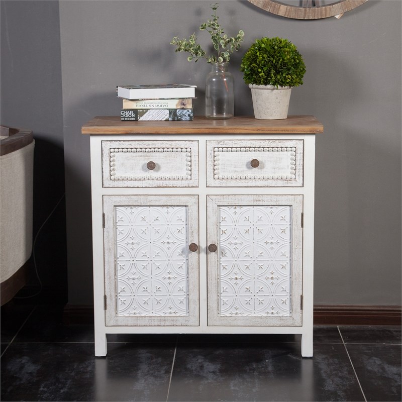 LuxenHome Distressed White Wood 2-Drawer 2-Door Storage Cabinet