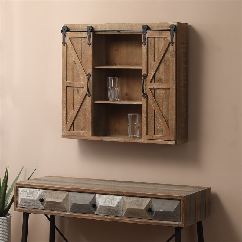LuxenHome Farmhouse Wood Storage Two Sliding Doors Wall