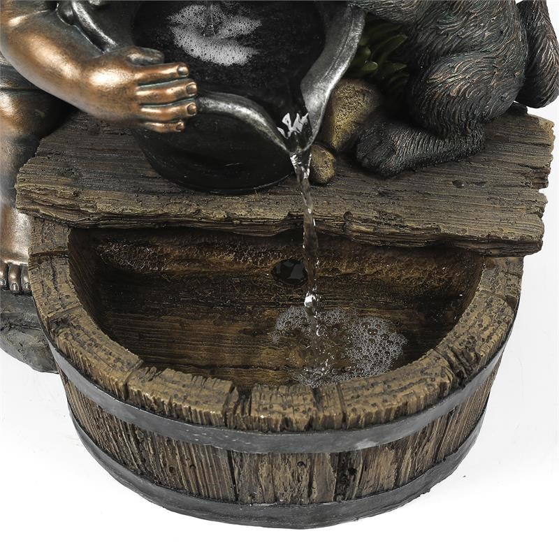 LuxenHome Polyresin Water Pump Boy and Dog Outdoor Fountain