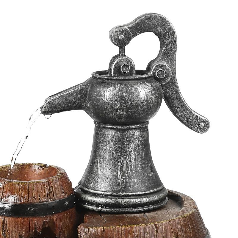 LuxenHome Polyresin Water Pump and Large Whiskey-Barrel Patio Fountain
