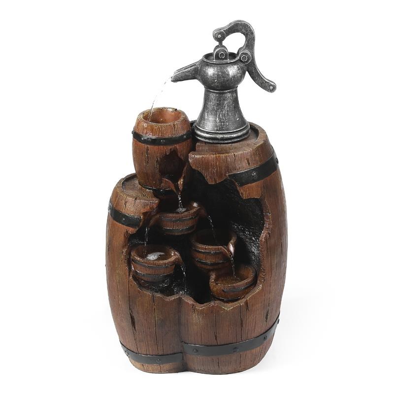LuxenHome Polyresin Water Pump and Large Whiskey-Barrel Patio Fountain