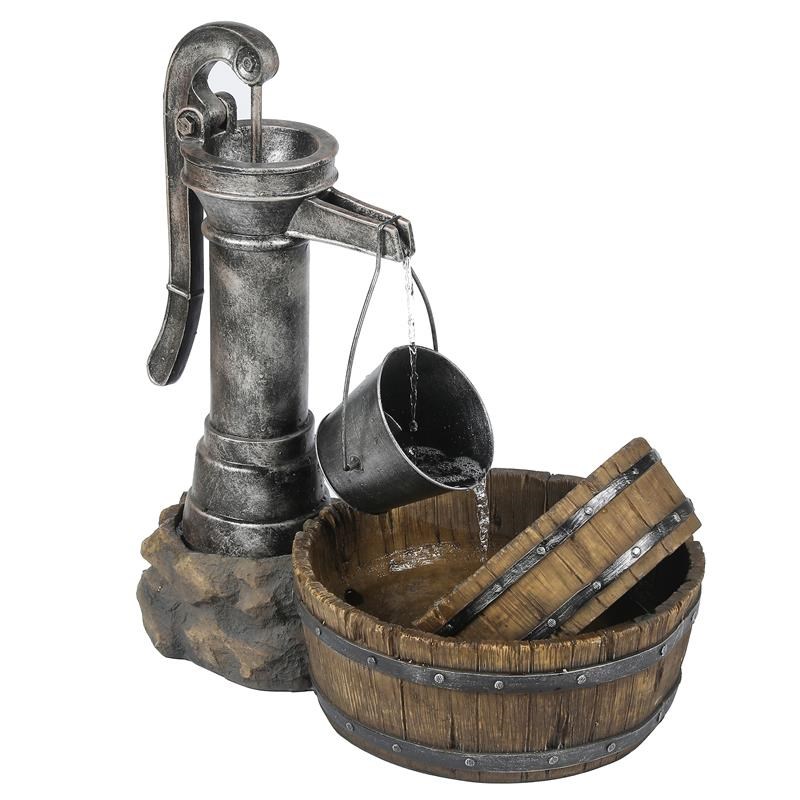LuxenHome Polyresin Tipped Pail and Whiskey Barrel Outdoor Fountain