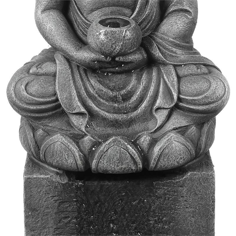 resin meditating buddha on column patio fountain with led light