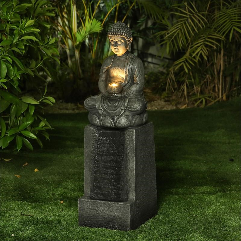 LuxenHome Polyresin Meditating Buddha on Column Lighted Outdoor Fountain