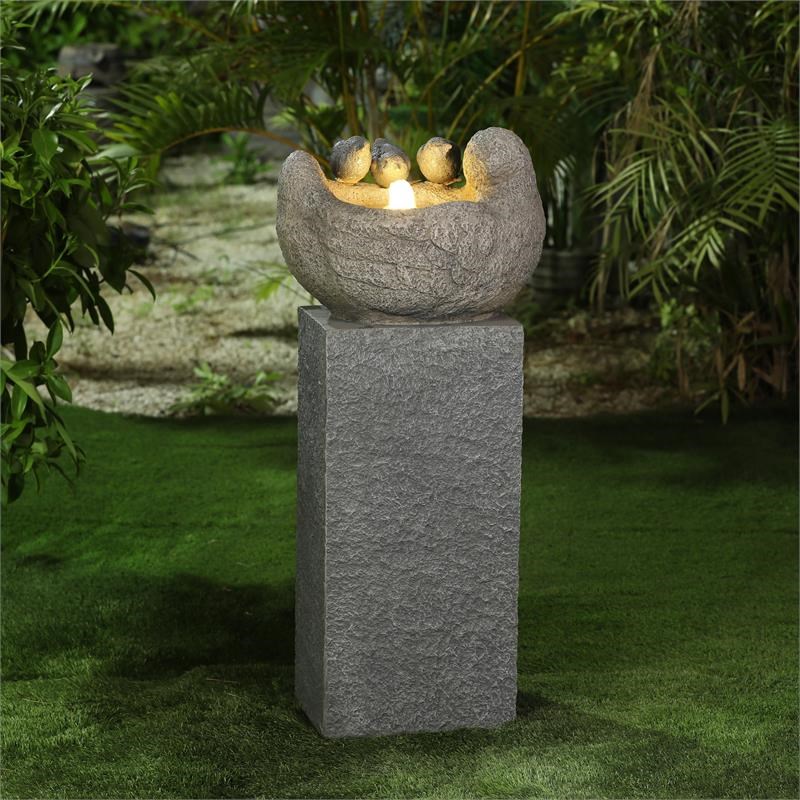 LuxenHome Gray Cement Birds Pedestal Lighted Outdoor Fountain