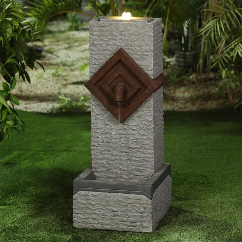 LuxenHome Gray and Brown Resin Column Bubbler Outdoor Fountain with LED Light