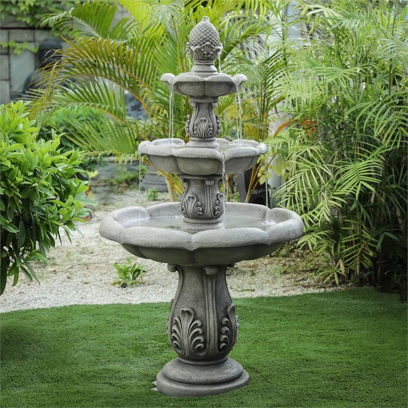LuxenHome Gray Resin Pineapple 3-Tier Outdoor Fountain