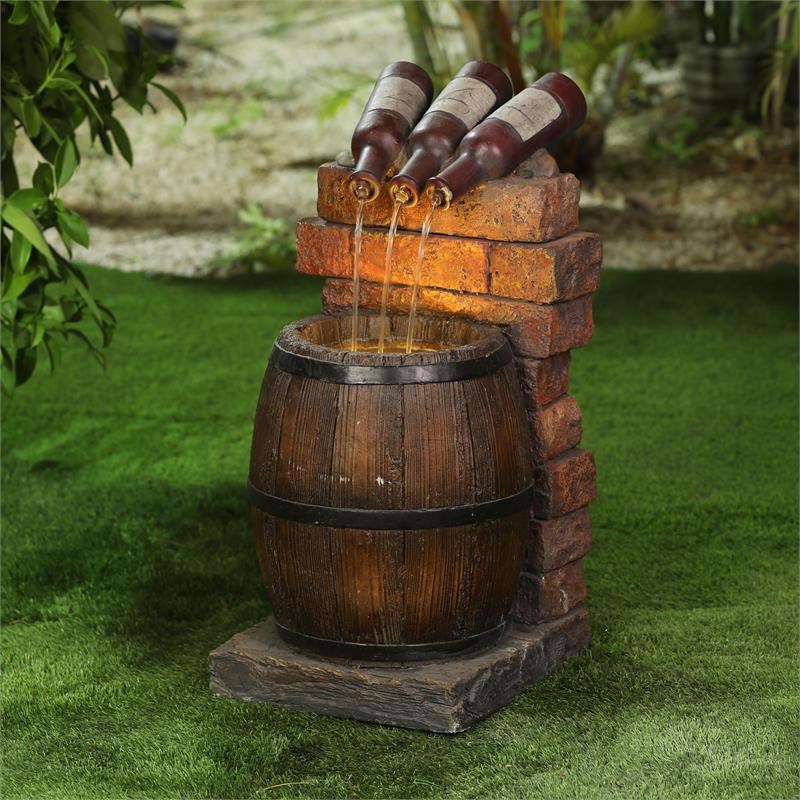LuxenHome Resin Wine Bottle and Barrel Lighted Outdoor Fountain