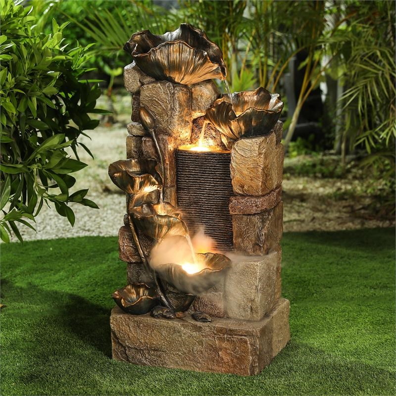 LuxenHome Brown Cement Hibiscus Flowers Outdoor Fountain With LED Light