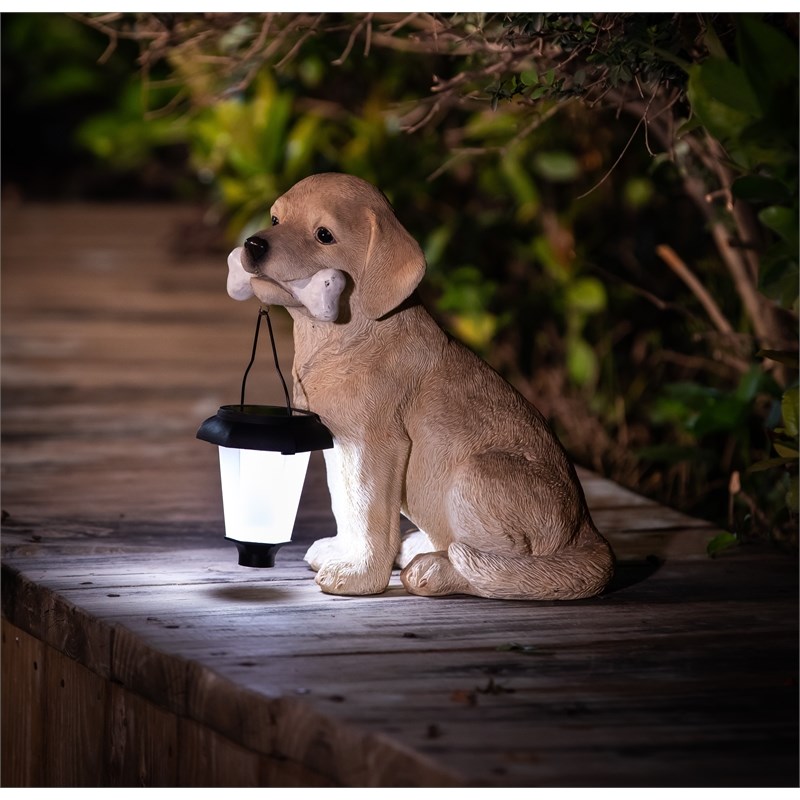 LuxenHome Polyresin Puppy with Solar Light Garden Statue