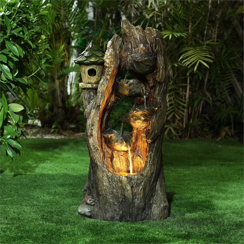 LuxenHome Brown Resin Hollow Tree and Birdhouse Outdoor Fountain with LED Light
