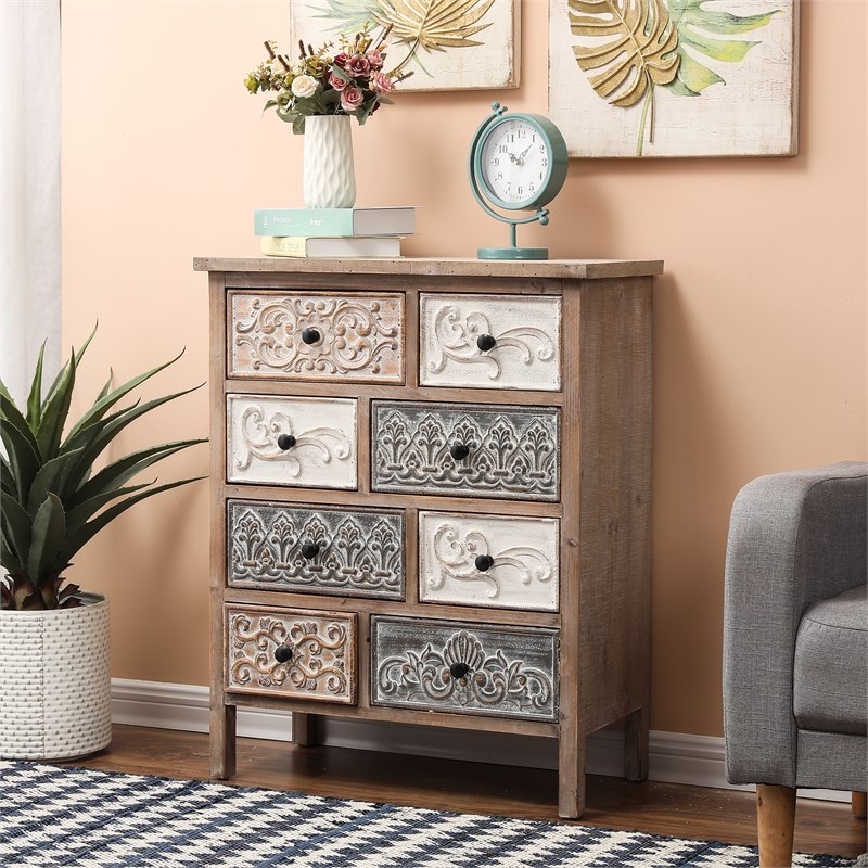 LuxenHome Rustic Carved Wood 8Drawer Chest Side Table Homesquare