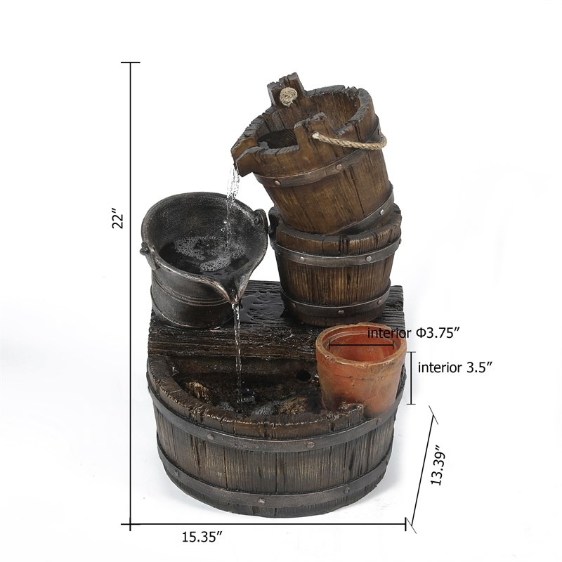 LuxenHome Resin Whiskey Barrel Lighted Outdoor Fountain with Planter