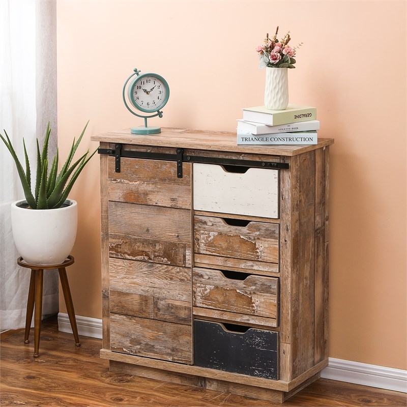 LuxenHome Rustic Wood 4-Drawer 1-Sliding Door Storage Cabinet | Homesquare