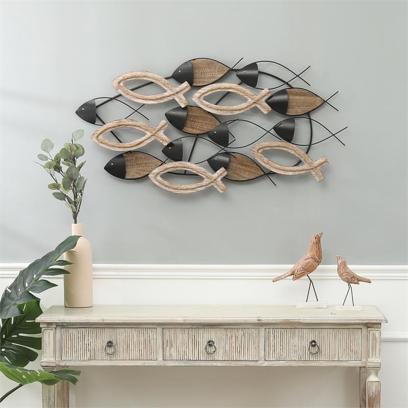 LuxenHome Brown Wood and Black Metal Modern School of Fish Wall Decor