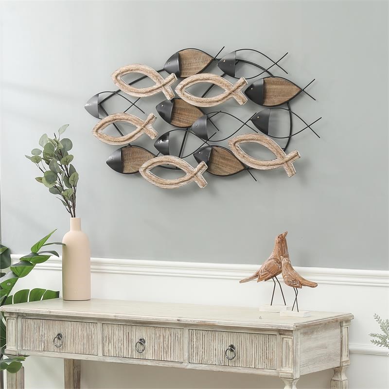 Luxenhome Brown Wood And Black Metal Modern School Of Fish Wall Decor Homesquare - Windmill Wall Decor Ideas