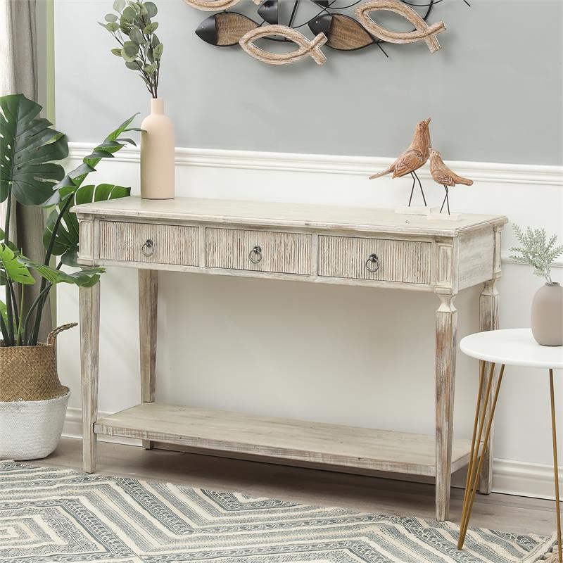 LuxenHome White Washed Wood Three Drawer Console Table Homesquare