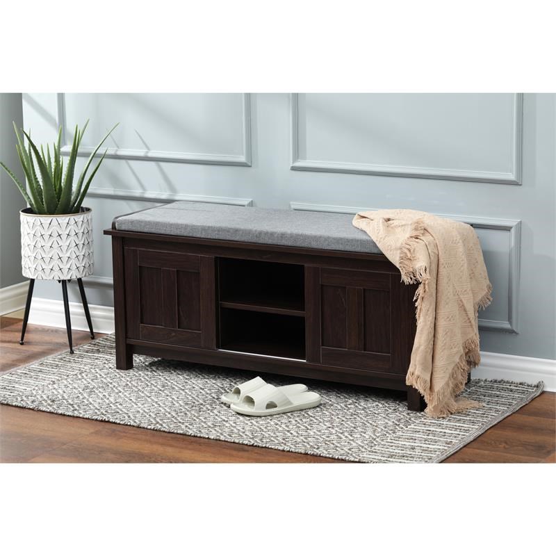 upholstered brown wood storage bench - whif1154