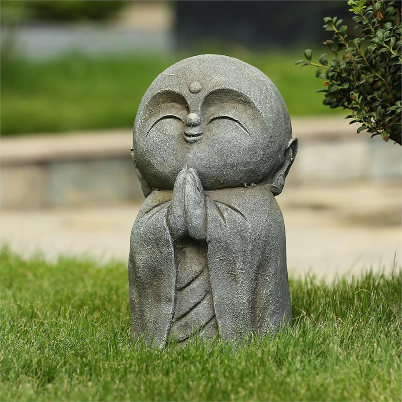 LuxenHome Gray MgO Standing Prayer Buddha Monk Garden Statue