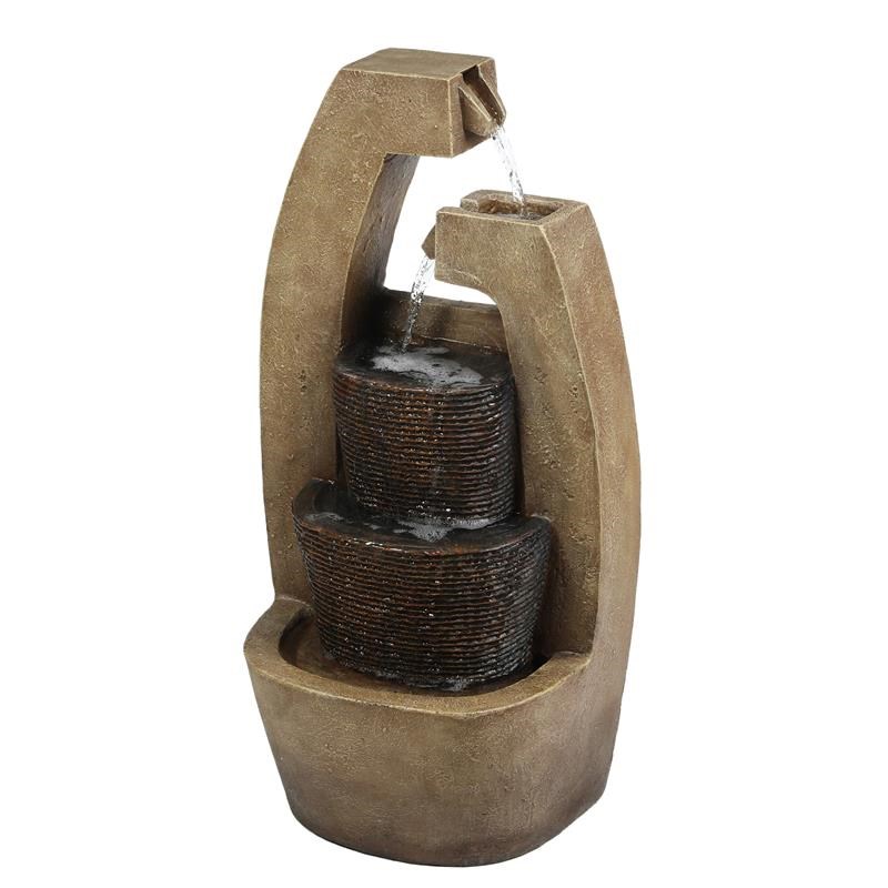 LuxenHome Brown Modern Sculpture Lighted Outdoor Cement Fountain