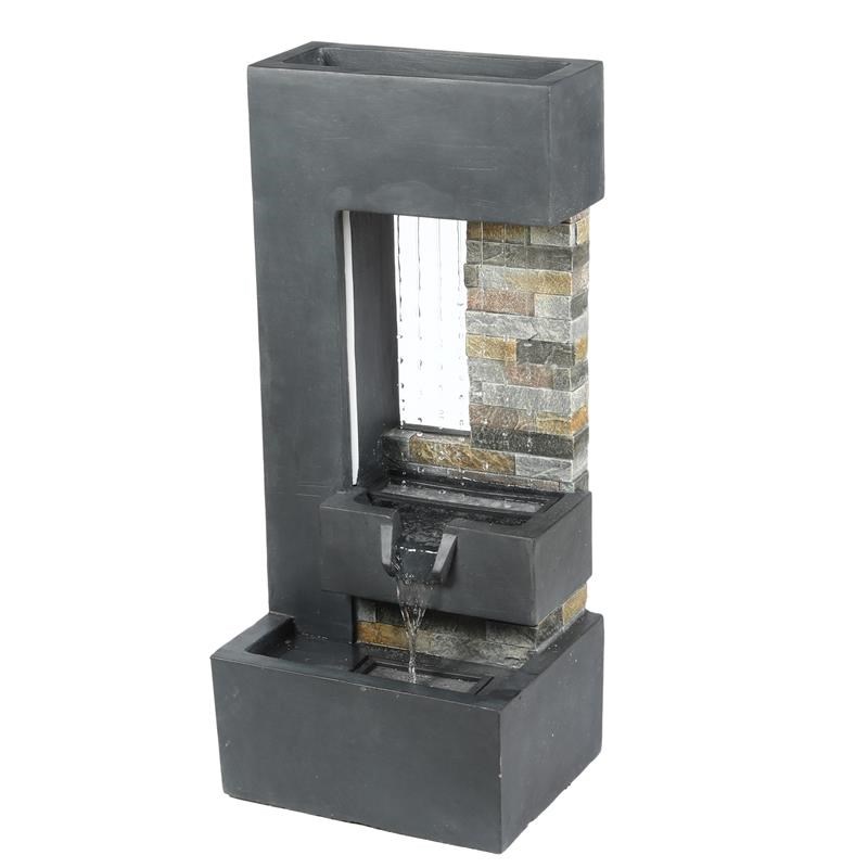 LuxenHome Cement Gray and Brick Modern Column Outdoor Fountain with LED Lights