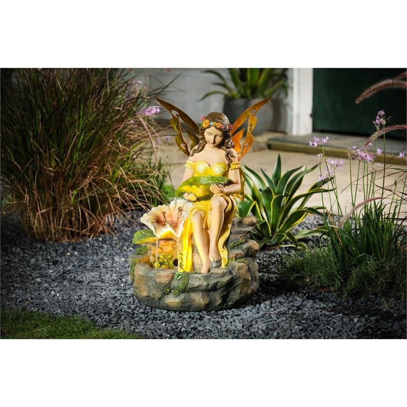 LuxenHome Resin Fairy Garden Outdoor Fountain with LED Light