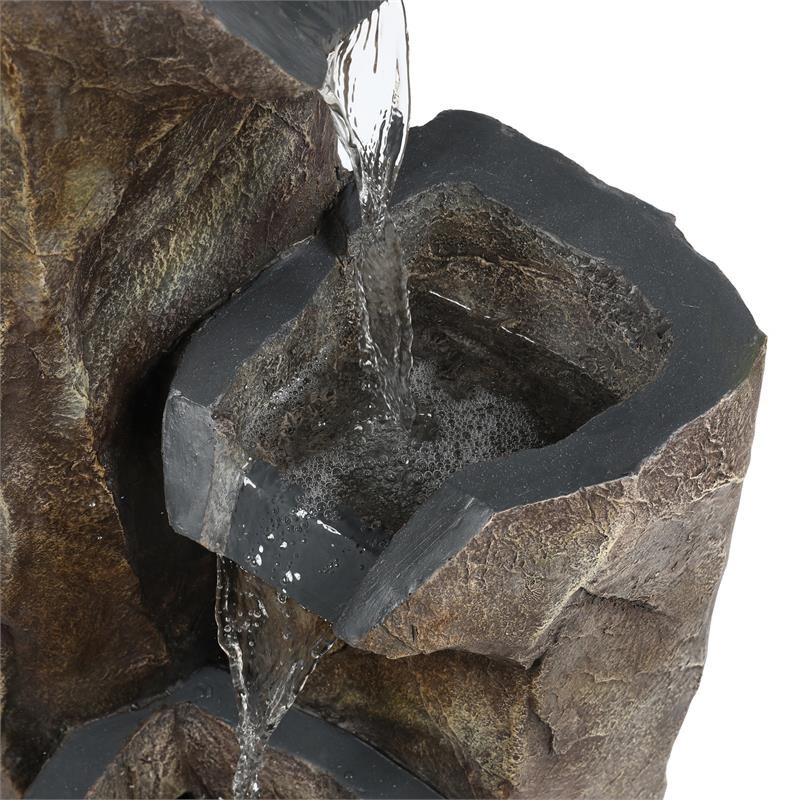 LuxenHome Gray and Brown Resin Three Column Rock Outdoor Fountain with LED Light