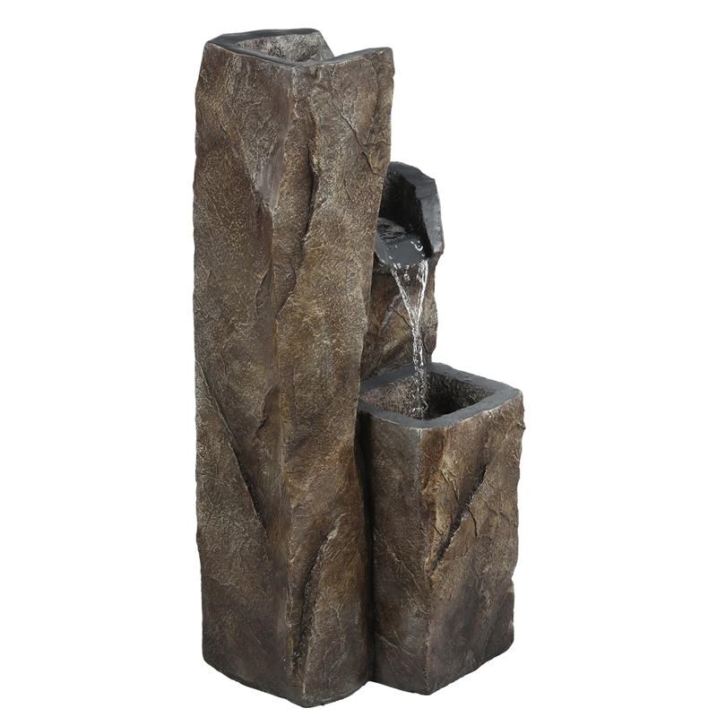 LuxenHome Gray and Brown Resin Three Column Rock Outdoor Fountain with LED Light