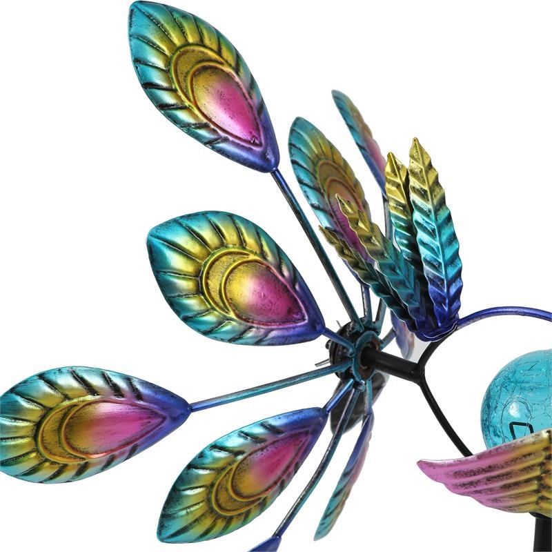 LuxenHome Metal Peacock Solar LED and Wind Spinner Garden Stake