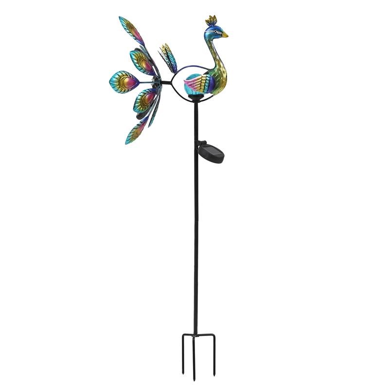 LuxenHome Metal Peacock Solar LED and Wind Spinner Garden Stake