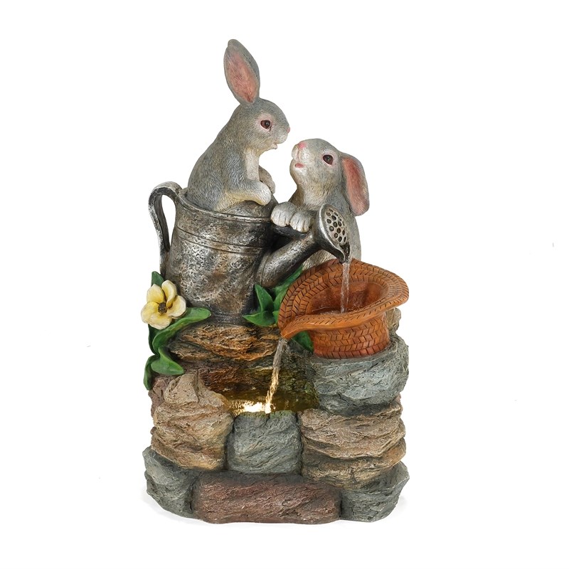 LuxenHome Resin Gray Bunny Friends Outdoor Fountain with LED Light