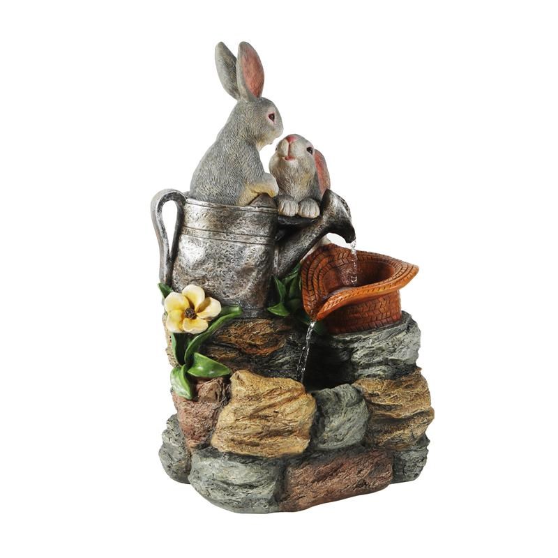 LuxenHome Resin Gray Bunny Friends Outdoor Fountain with LED Light
