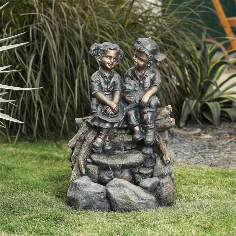LuxenHome Resin Bronze Children and Dog Lighted Outdoor Fountain