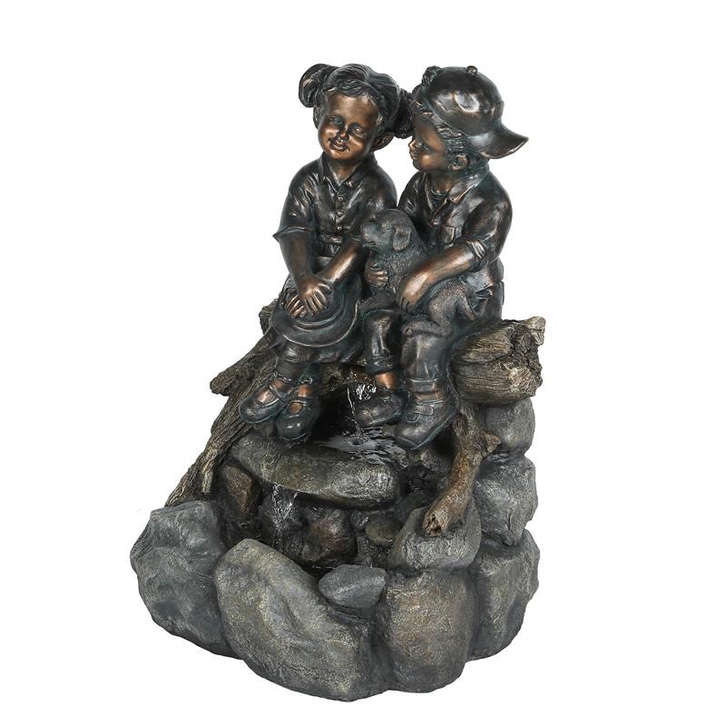 LuxenHome Resin Bronze Children and Dog Lighted Outdoor Fountain