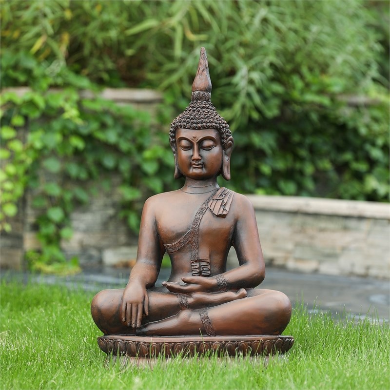 LuxenHome Brown MgO Generous Sitting Buddha Garden Statue