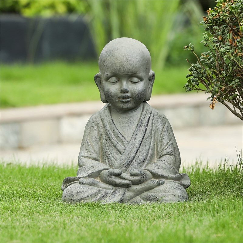 LuxenHome Gray Mgo Meditating Buddha Monk Garden Statue