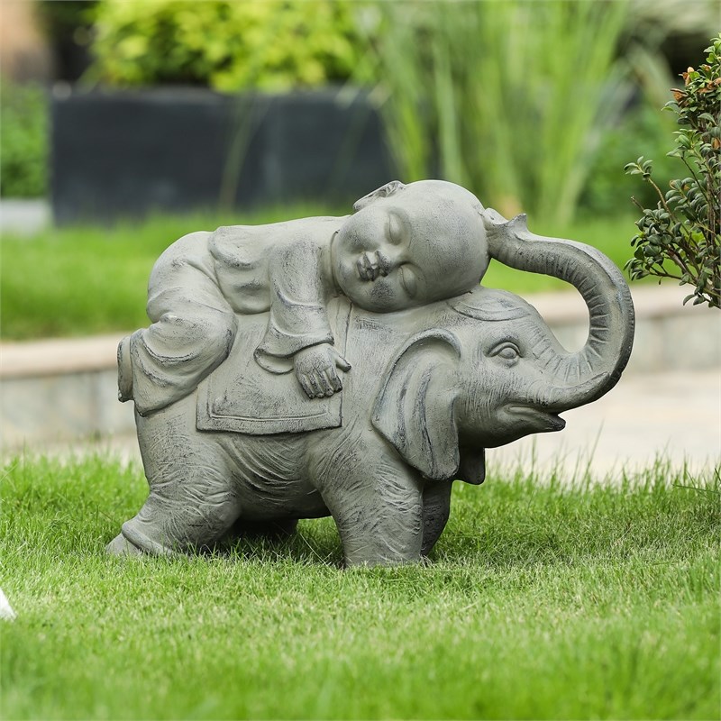LuxenHome Gray MgO Buddha Monk and Elephant Garden Statue