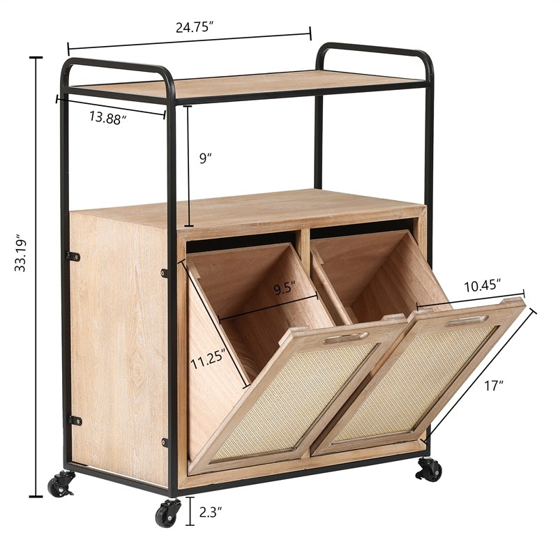 LuxenHome Natural Wood Laundry and Storage Cart