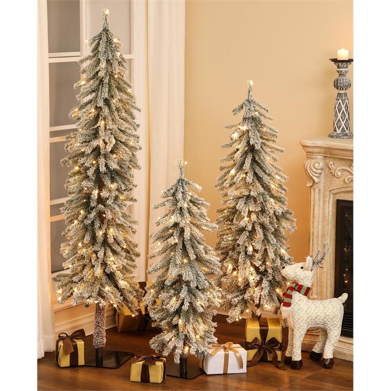 LuxenHome Set of 3 Pre-Lit Flocked Artificial Christmas Trees
