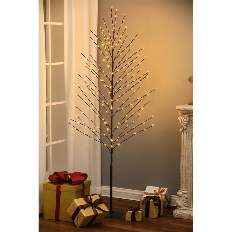 LuxenHome Lighted Brown Metal Artificial Twig Branch Birch Tree