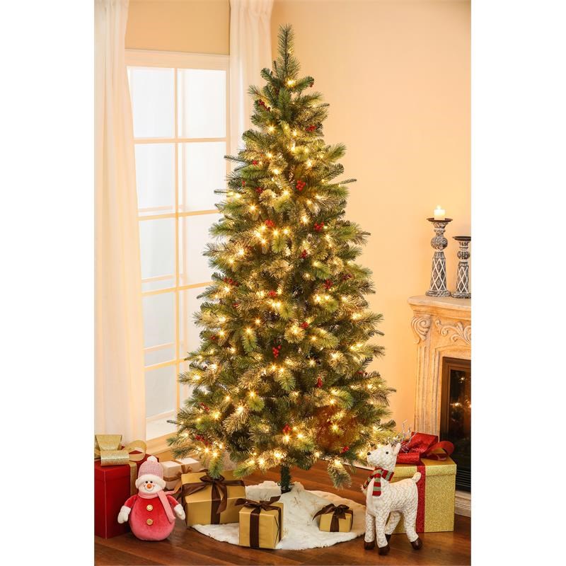 LuxenHome 7ft Green PVC Pre-Lit Artificial Christmas Tree