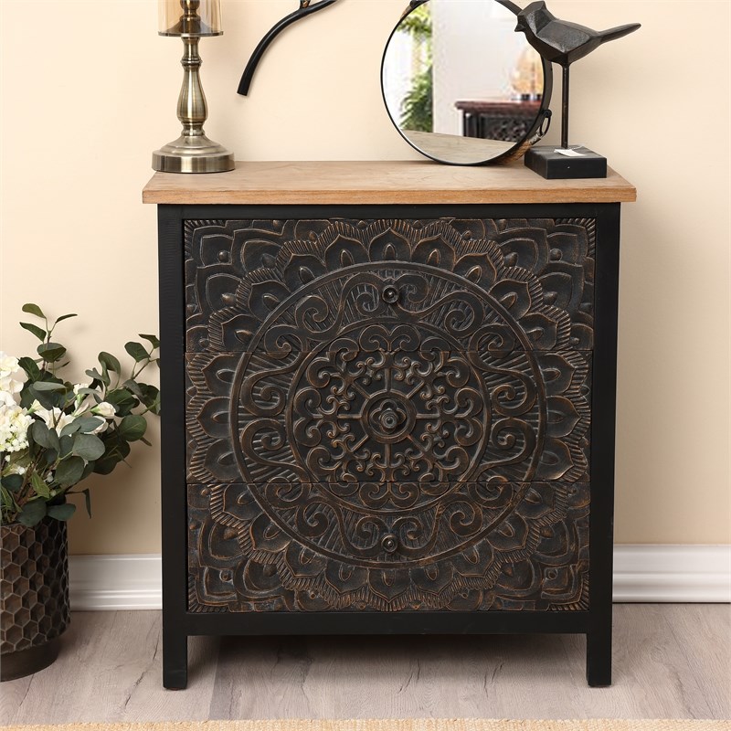 LuxenHome Black and Gold Wood Carved Floral Three-Drawer Chest