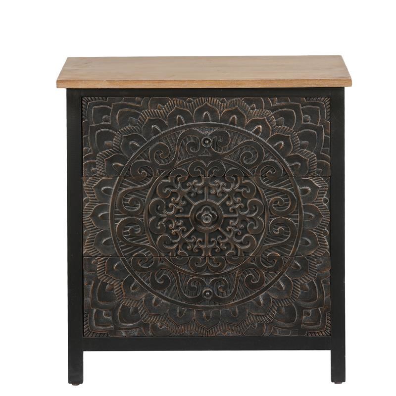LuxenHome Black and Gold Wood Carved Floral Three-Drawer Chest
