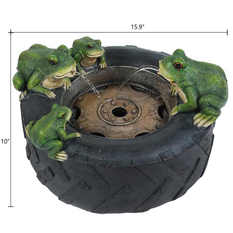 LuxenHome Black Resin Old Tire Frog Friends Outdoor Fountain