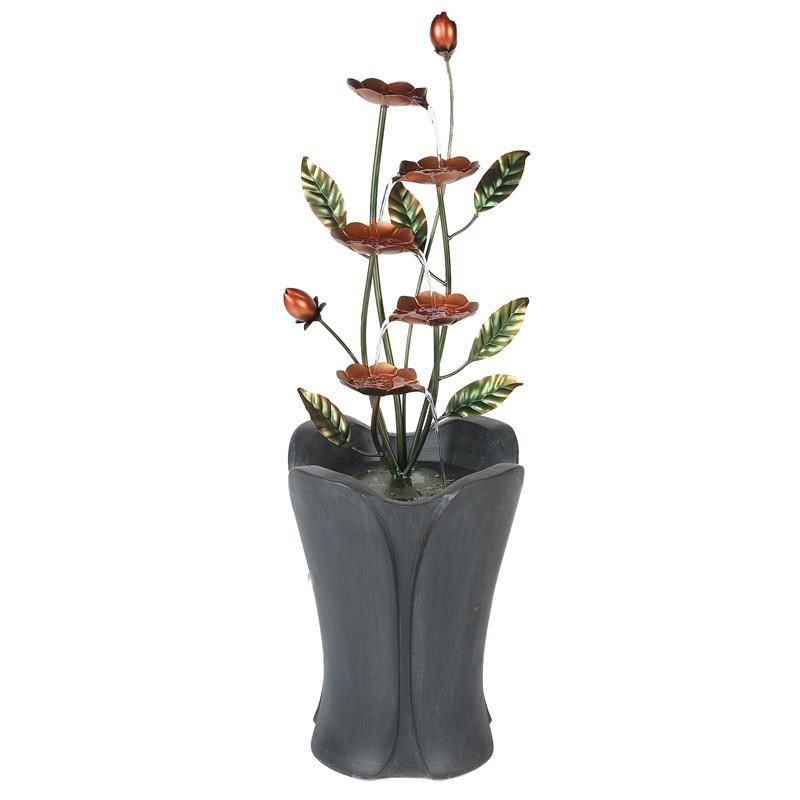 LuxenHome 40.75 in. H Cement Vase with Metal Flowers Outdoor Fountain